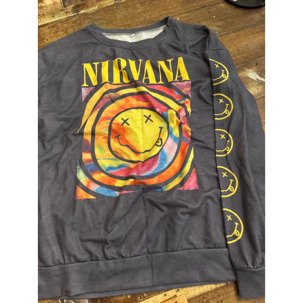 Nirvana Smiley Face Tie Dye Graphic Sweatshirt Charcoal Grey Long Sleeve Top